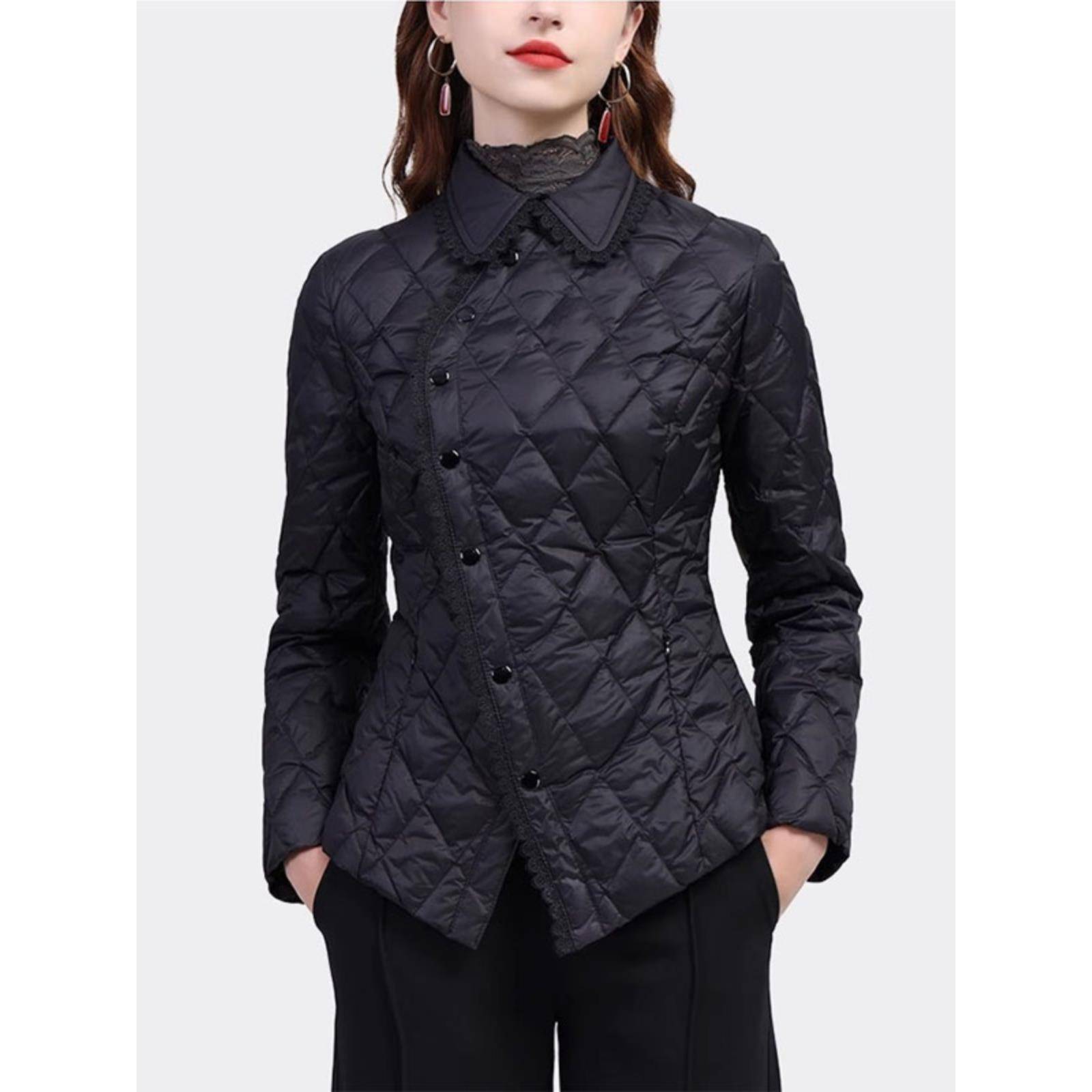 轻薄羽绒棉服保暖外套女收腰显瘦黑色时尚衬衫领修身棉袄2025冬装