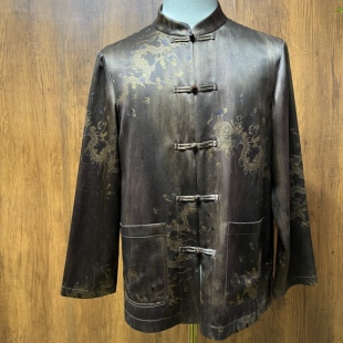 2025秋季新款外套 香云纱重缎皮子唐装 国风立领龙纹长袖上衣男装