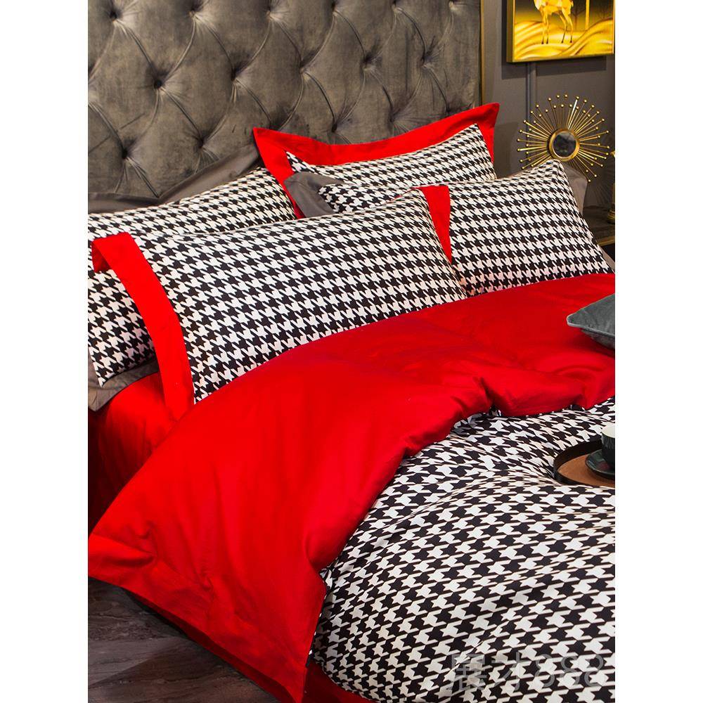 正品北欧80床s支贡长绒棉高缎全棉四端件套千鸟格被套纯棉简约单1