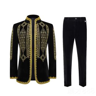 正品覆古演男欧式平绒电脑绣花礼金服宫廷外套黑镶歌剧舞色台表服