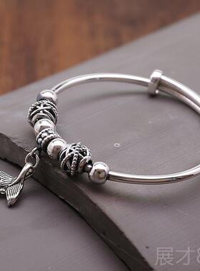 正品银9999银手镯女覆古气质镯流苏纯款鱼吊坠圆珠子推拉送女友足