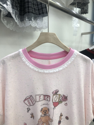 短袖女上衣夏薄款轻奢高级感2025夏季粉色圆领花边袖口设计感T恤