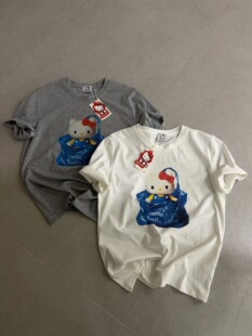 HelloKitty卡通印花斜肩短袖T恤女夏季慵懒风宽松显瘦慵懒风上衣