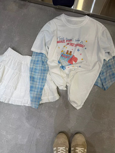 印花圆领T恤夏季 韩版 趣味减龄上衣 2026年新款 小熊杯子假两件长袖