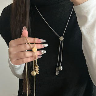 金属小球吊坠抽拉项链女秋冬百搭高级感长款 小众毛衣链可调节配饰