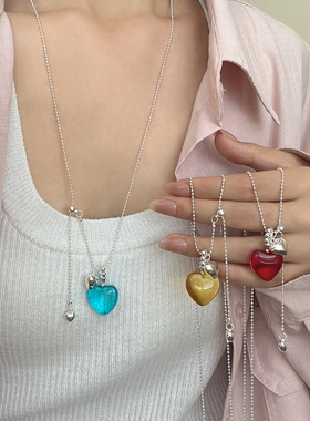 2025新款韩国博主同款立体爱心项链长款个性抽拉锁骨链毛衣链配饰