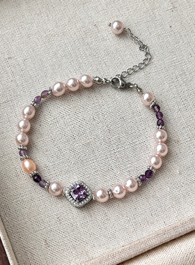 紫色方形锆石曼塔玫瑰色珍珠手链女春夏新款高级感轻奢百搭手饰