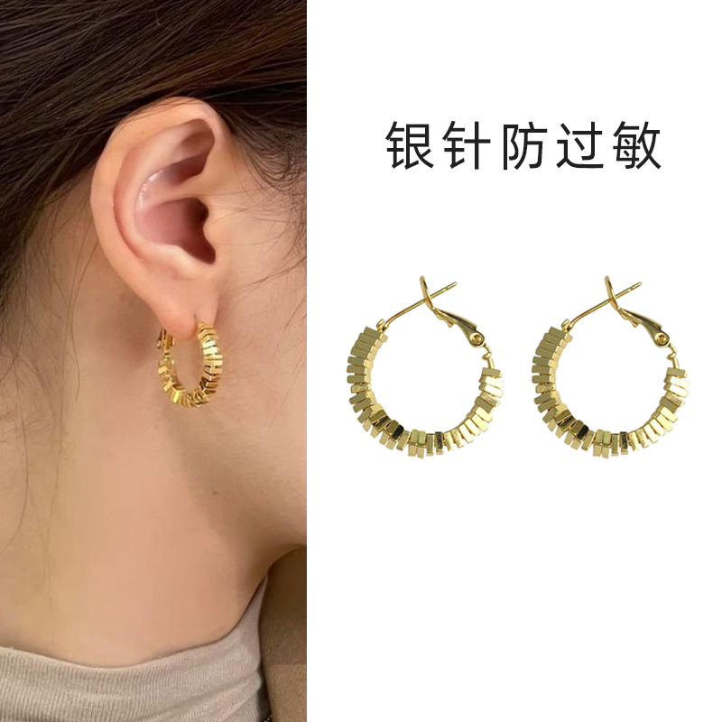 925银针金色碎银子耳圈耳扣女轻奢高级感耳环2024年新款爆款耳饰