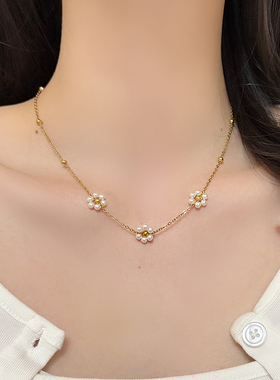 小清新复古花朵珍珠锁骨链女