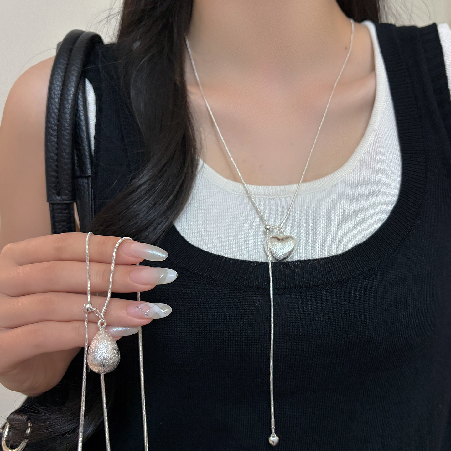 银色拉丝爱心水滴项链女时尚长款简约卫衣链小众设计毛衣链配饰