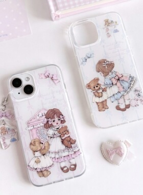 可露露原创小熊doll双层imd亮面磨砂手机壳可爱少女软妹洛丽塔手机壳适用于1415promaxiphone大孔软壳