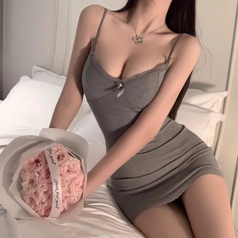 情趣莫代尔纯欲风性感蕾丝包臀裙带胸垫显瘦身材修身辣妹吊带睡裙