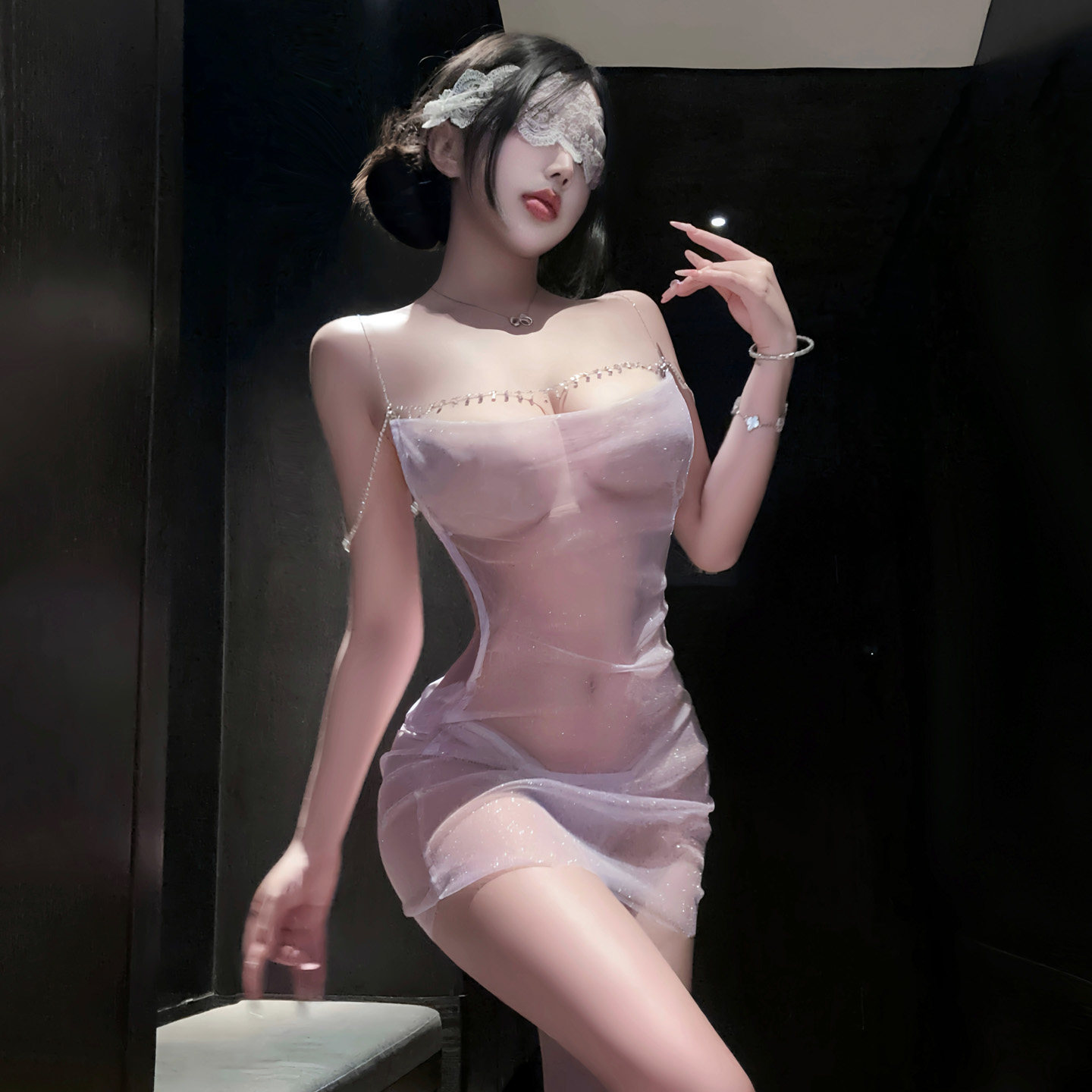 情趣性感内衣细闪低胸荡领吊带包臀裙透视烟胧紫纱大尺度趣味站袍