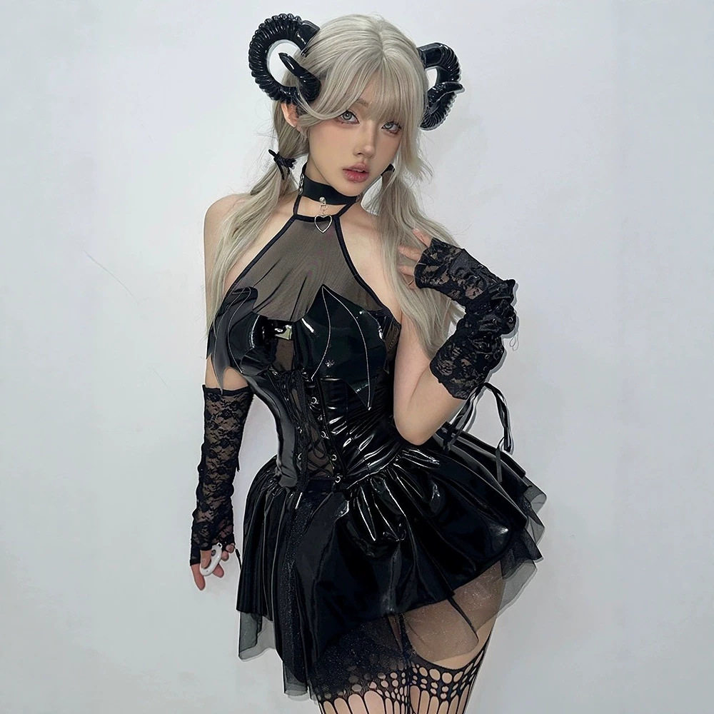 情趣万圣节性感漆皮小恶魔cos制服套装纯欲小胸情调内衣qqny