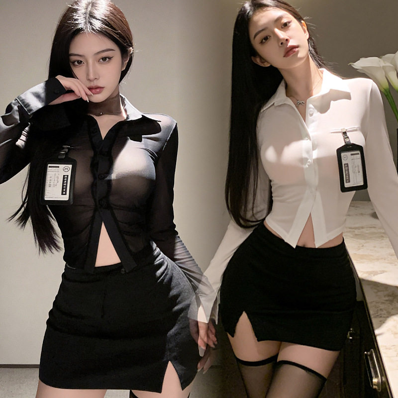 情趣秘书制服御姐风修身衬衣包臀裙弹力透视白衬衫高腰开叉短裙qq