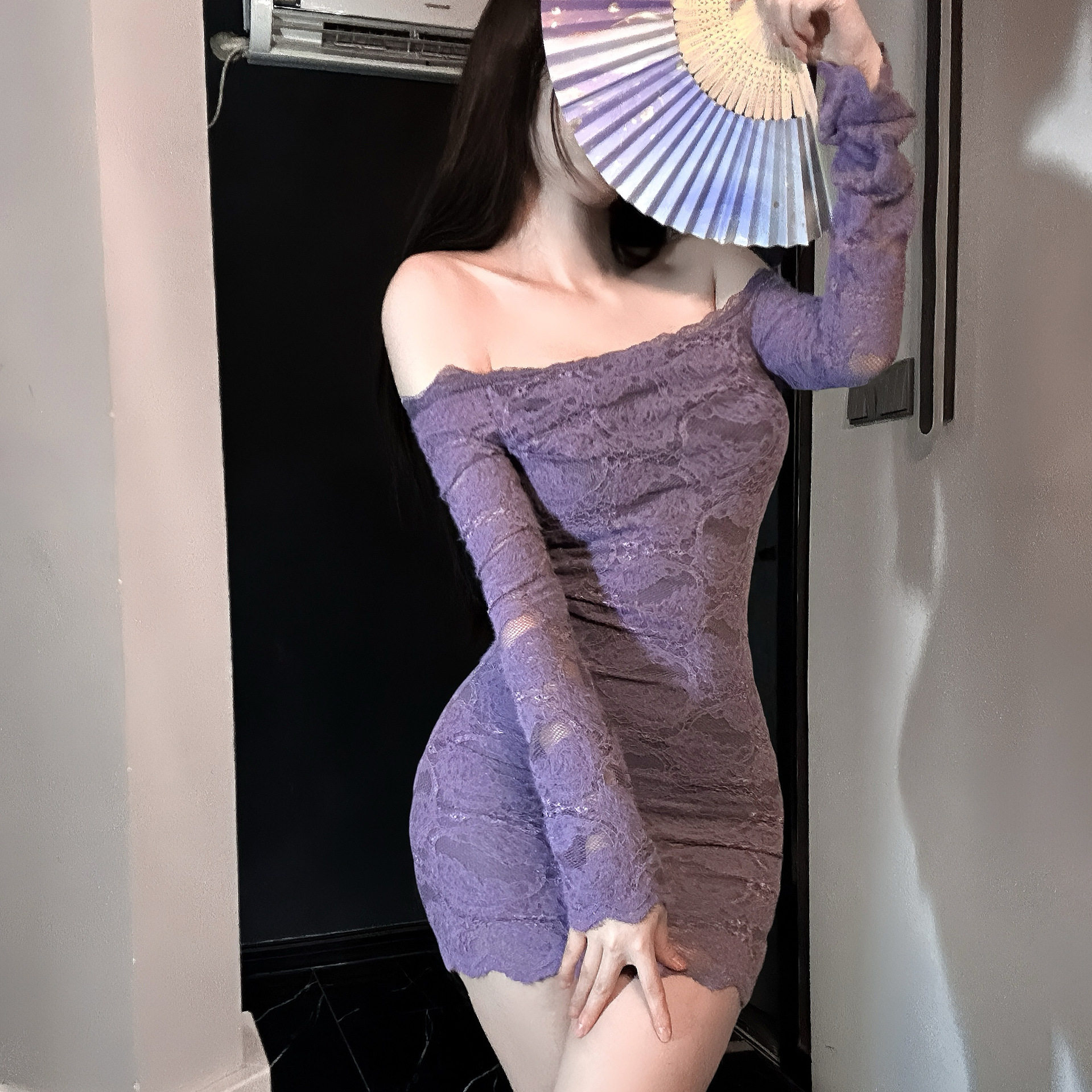 紫色战袍蕾丝一字肩连衣裙女情趣收腰性感纯欲包臀短裙子情qu内衣