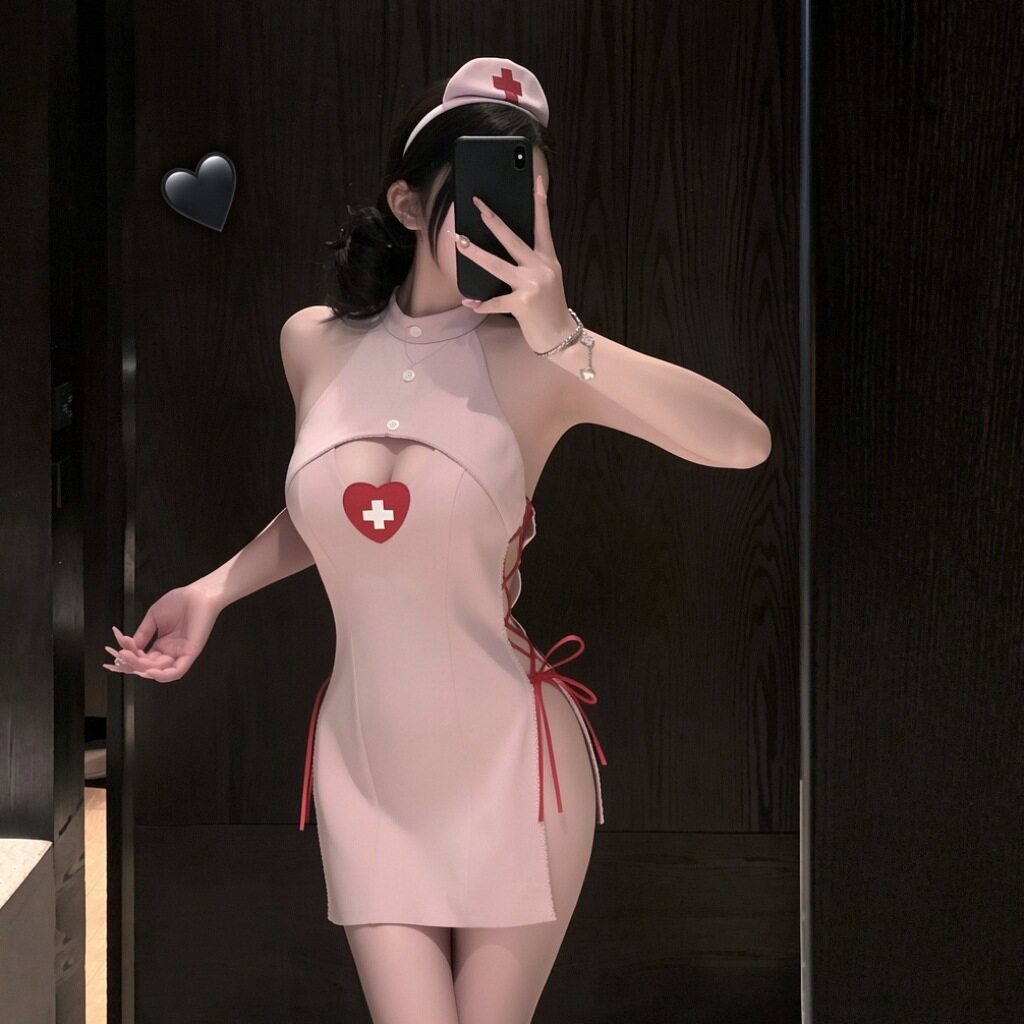 甜心护士风性感连衣裙挂脖露背绑带开叉包臀裙夜店主播服装纯欲风