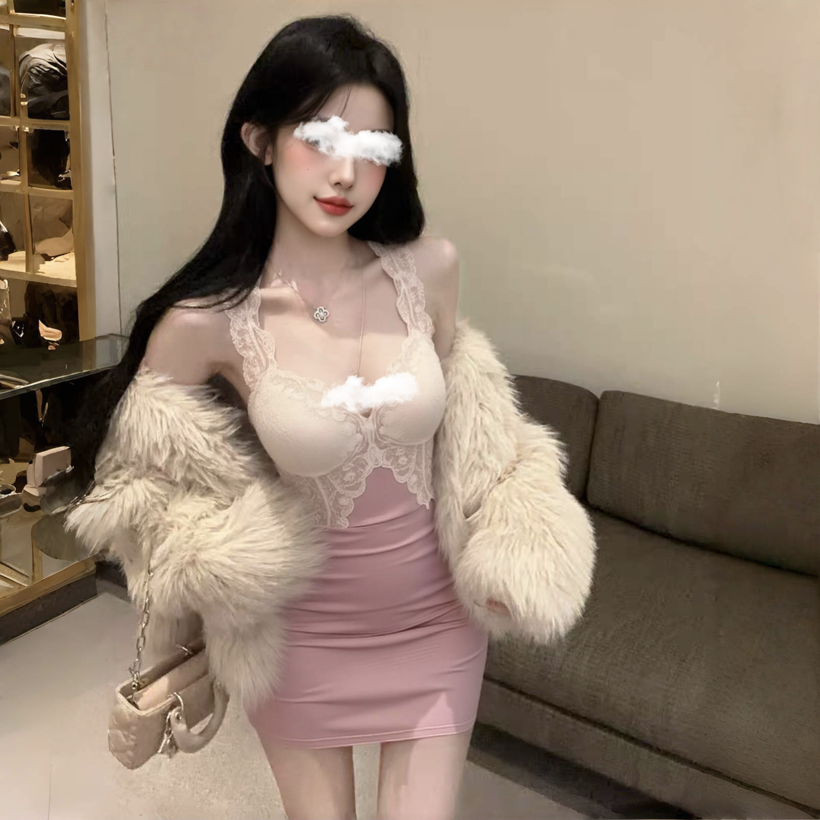 纯欲少女睡衣粉色蕾丝碎花莫代尔舒适吊带超短包臀紧身连衣睡裙