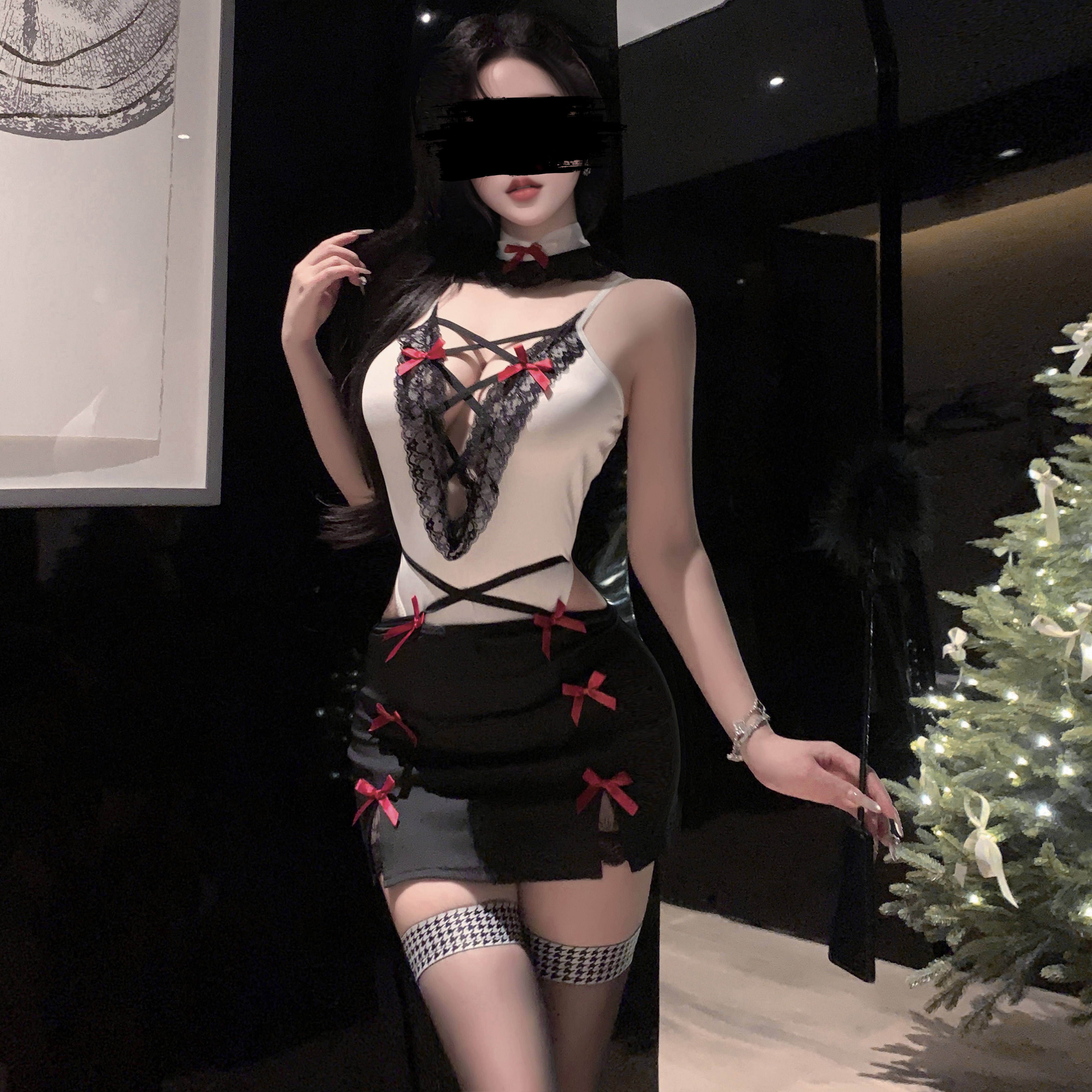 性感纯欲秘书深V蕾丝绑带睡裙女情调名媛风高级感连体衣免脱qqny