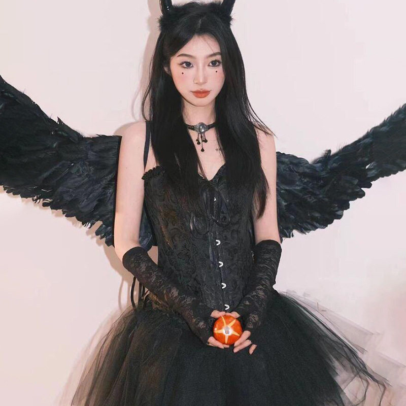 黑纱魔女*性感束身提花收腰万圣节cos鱼骨胸衣蓬蓬裙情趣套装