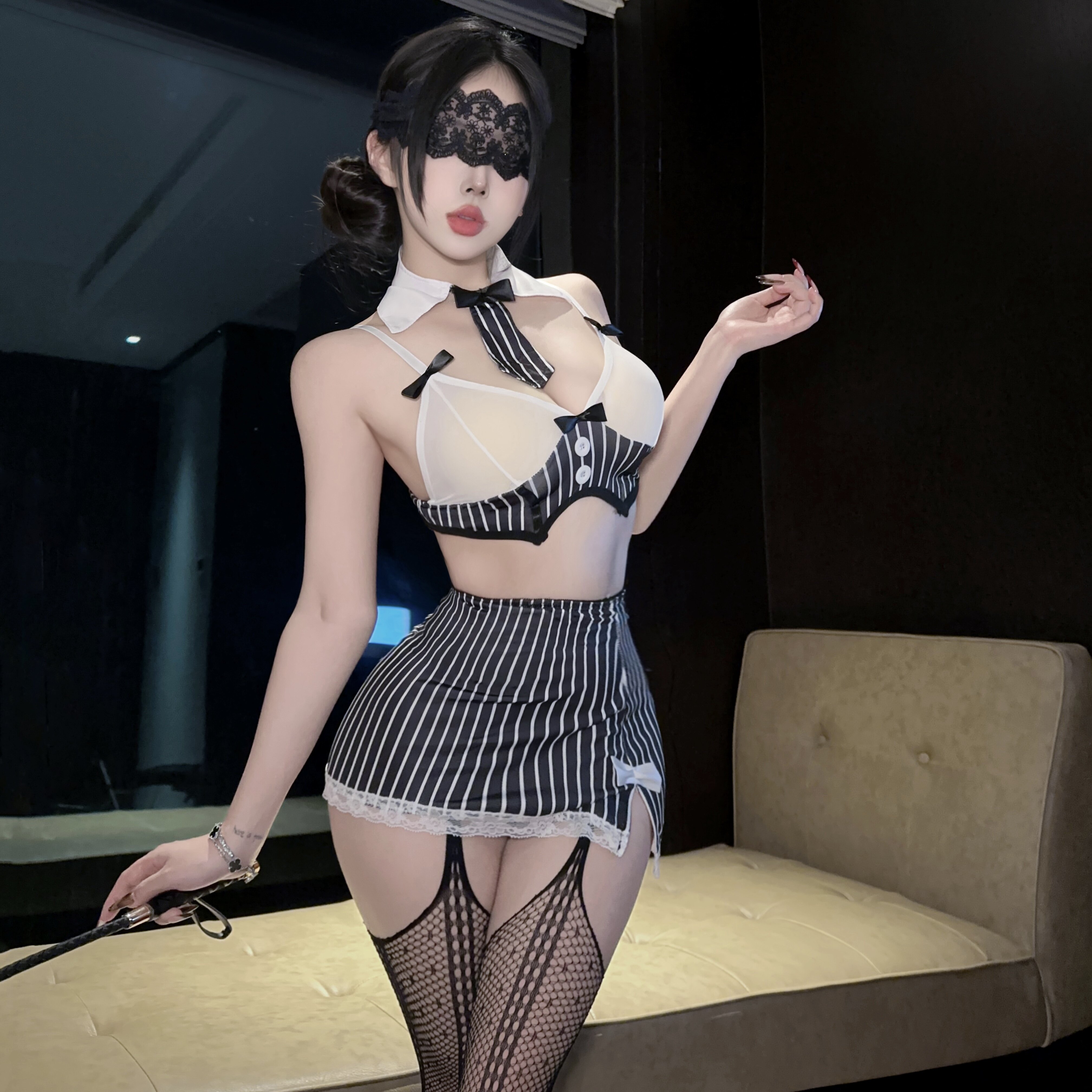 情趣性感内衣条纹蝴蝶结超短裙OL诱惑制服纯欲qqny勾人房事睡衣