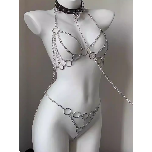 猫眼姐妹~欧美风缕空链条三点式内衣铁环角色扮演夜店cos情趣