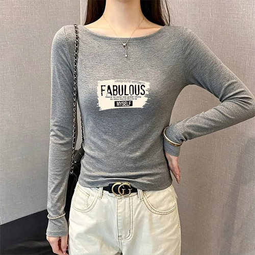 极简韩风秋季一字肩长袖T恤女纯色极简修身百搭打底衫ins显瘦上衣