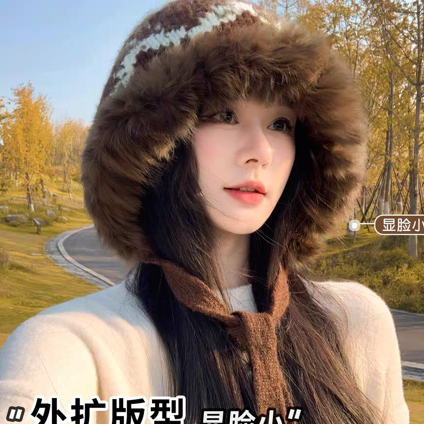 针织加厚帽子女秋冬季2025新款川西旅游保暖毛绒显脸小护耳毛线帽