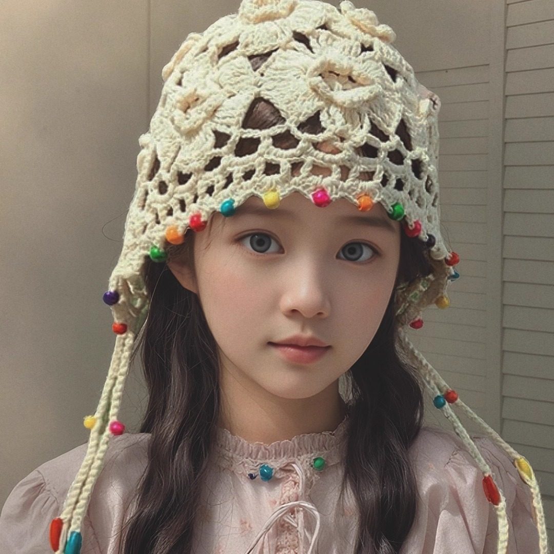 女童波西米亚风彩珠流苏针织包头帽亲子镂空民族风手工钩花套头帽