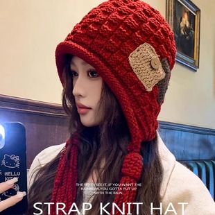 保暖手工辫子针织帽潮 贴布流苏红色毛线帽子女秋冬季 2024新款 时尚