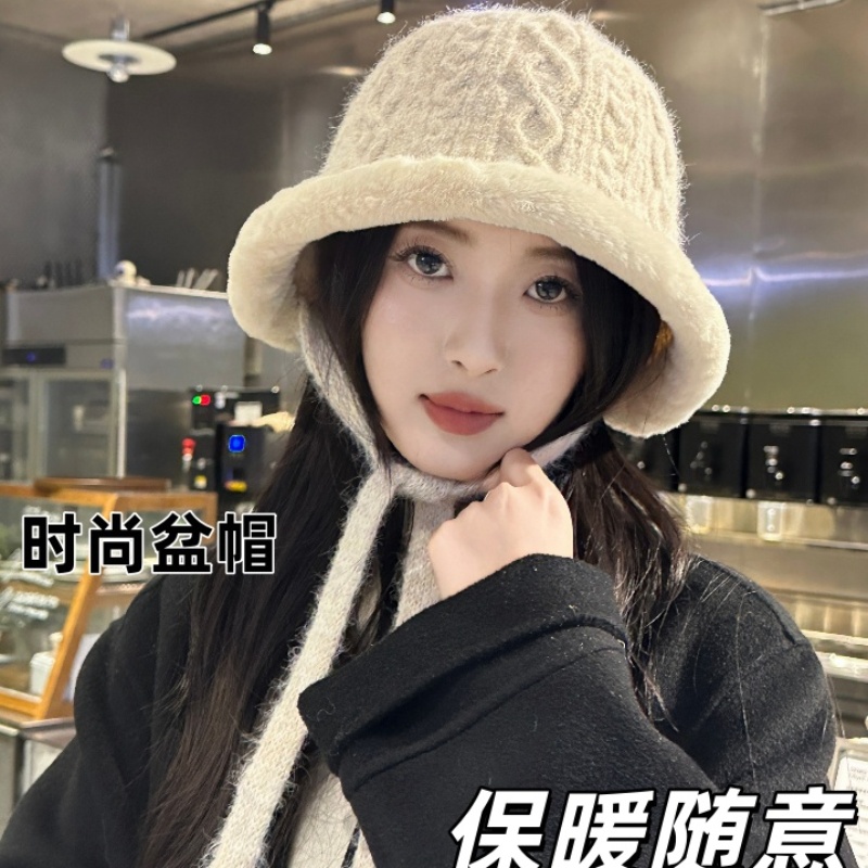 秋冬针织绑带毛边盆帽女骑车可折叠户外保暖百搭渔夫帽子女显脸小