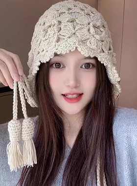 2024新款秋冬流苏钩花双层包头帽子女麦穗针织帽文艺时尚潮流帽子