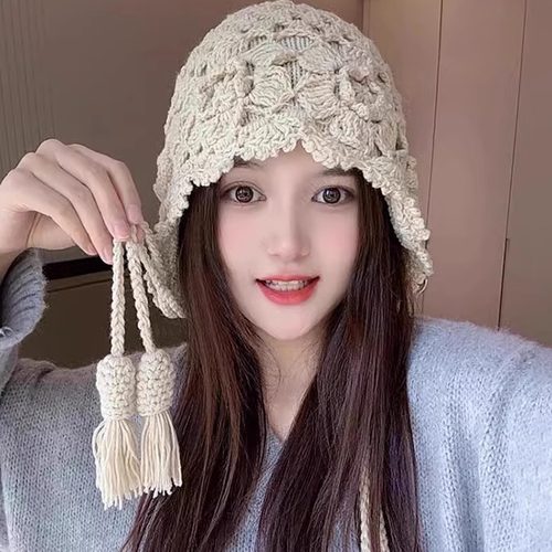 针织帽出游休闲女秋冬宽檐流苏