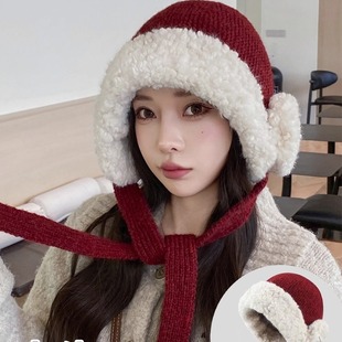 秋冬季毛绒加厚红色护耳毛线帽子女大头围保暖针织帽系带雷锋帽潮