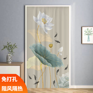 荷花门帘布遮挡厕所厨房挂帘布艺客厅卫生间卧室布帘子免打孔 中式
