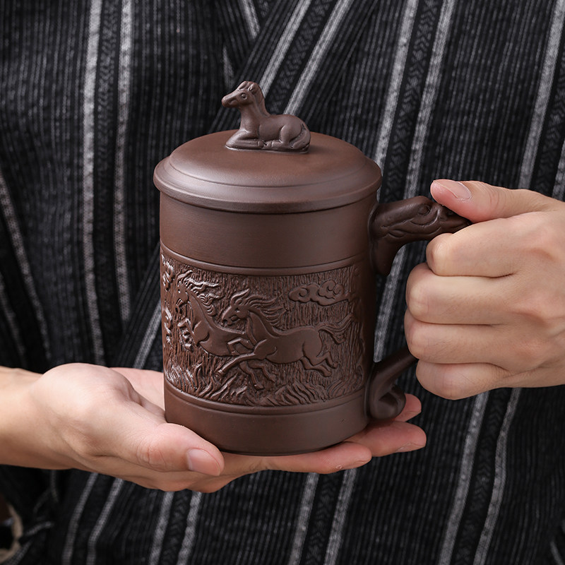 特大号新中式朱泥紫砂盖杯家用办公杯子男士杯大容量古典龙纹茶杯