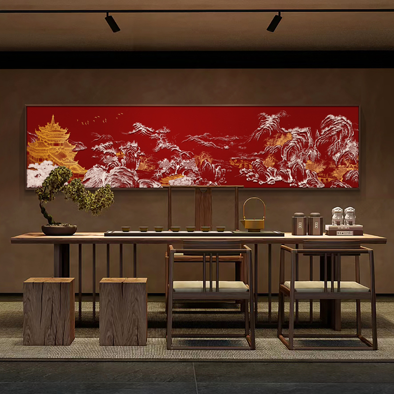 新中式餐馆装饰画《日照山河》高档山水浮雕立体饭店包厢横幅挂画图片