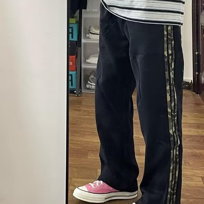 春秋新款条纹直筒裤子男款美式潮牌百搭阔腿裤三条杠运动休闲长裤