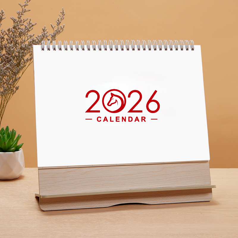 锦兔2026马年新款极简木架台历简约定制创意桌面摆件大格子记事月历计划本台历架送礼定制logo商务打卡考研