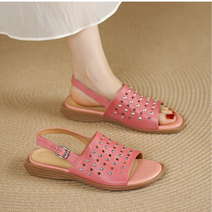 头层牛皮满天星露趾凉鞋女夏季镂空软底不累脚平底鞋一字带铆钉鞋