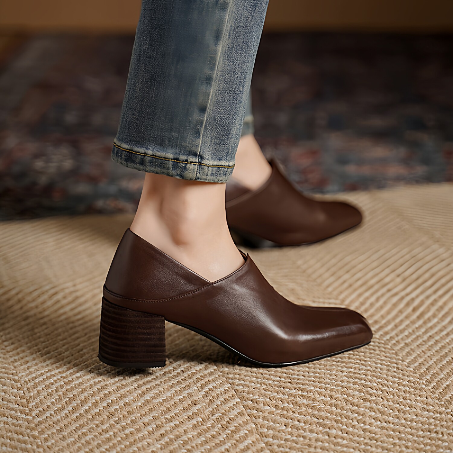 头层牛皮复古简约5cm粗跟小皮鞋黑色高跟两穿通勤方头深口单鞋女