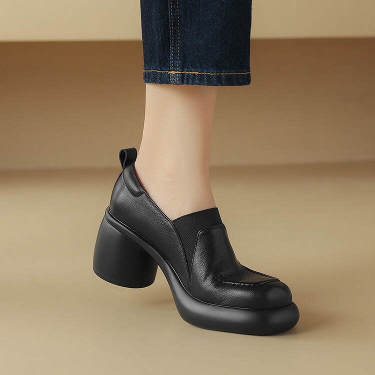 厚底圆头一脚蹬防水台深口高跟鞋