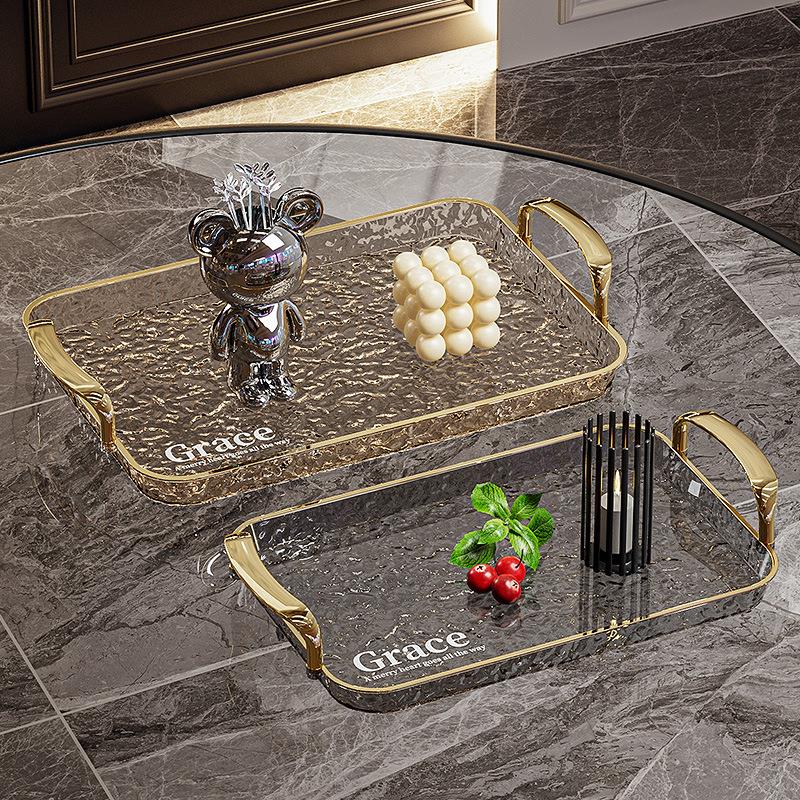 塑料透明托盘长方形点心盘水波纹客厅家用轻奢高档蛋糕餐盘茶盘