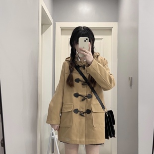 自制日系学院风牛角扣连帽中长款jk制服毛呢大衣女学生呢子外套