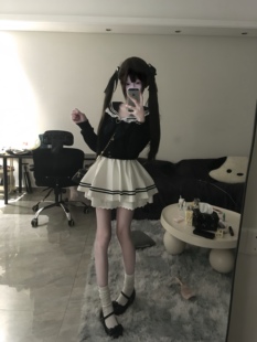 自制海军领水手蕾丝天使软萌宅系熊猫妹黑白配色lo学院风连衣裙op