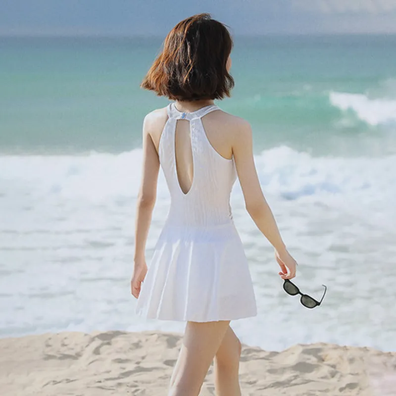 超仙连体泳衣泳装泡温泉遮肚纯色保守女气质裙式性感ins显瘦