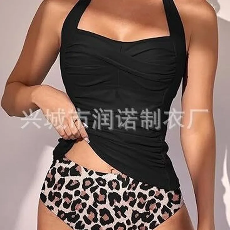时尚泳衣分体泳衣带两件套新款女式2024褶饰挂脖高级泳裤收腹