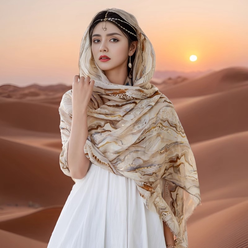 阿拉伯头巾迪拜旅游纱巾围巾女士沙漠高级感丝巾防晒头纱包头披肩