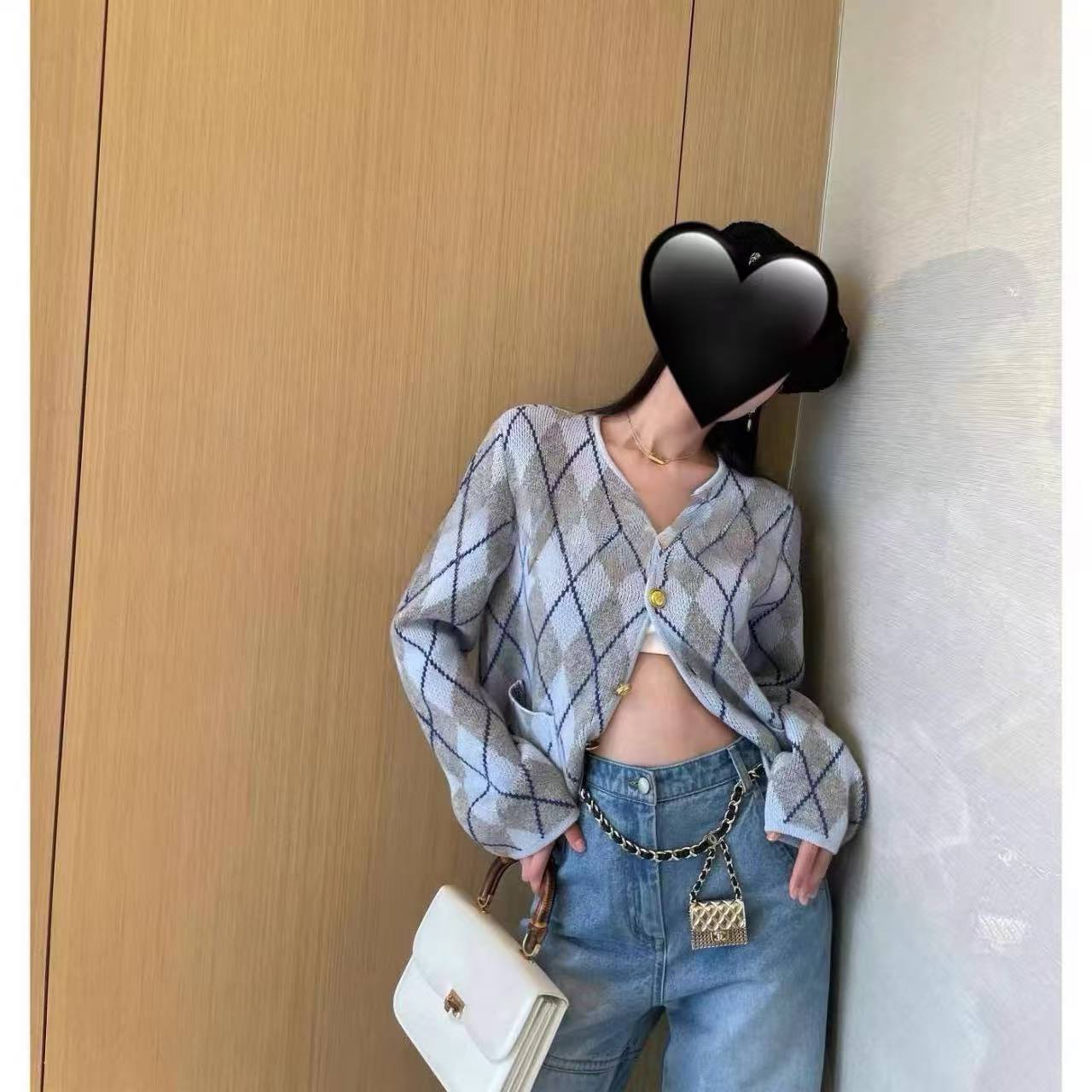 小景家同款 洗绒工艺学院风扣加厚菱格针织衫毛衣开衫