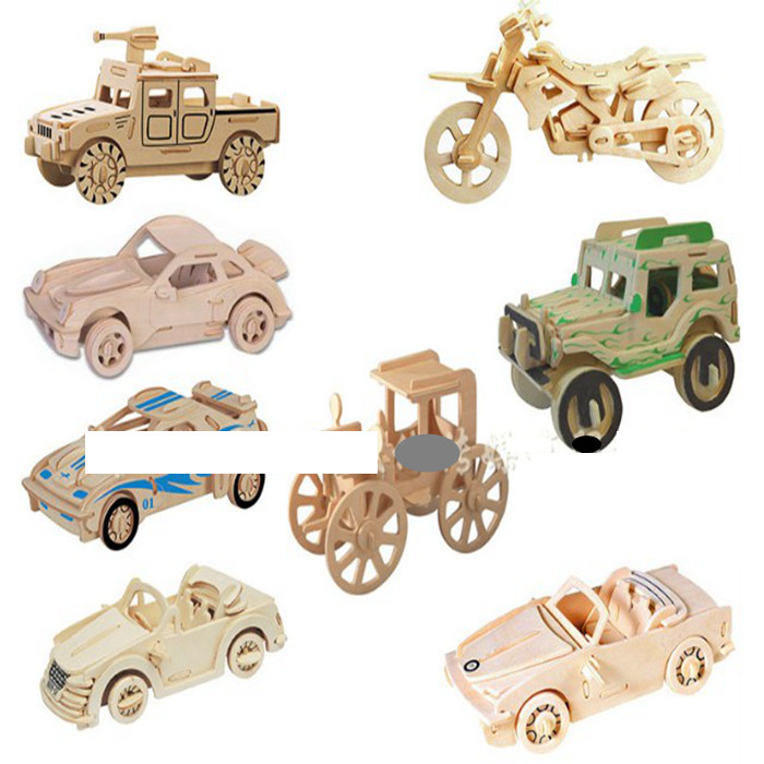 四联木制立体拼图悍马吉普车跑车仿真车模型儿童手工益智拼装玩具